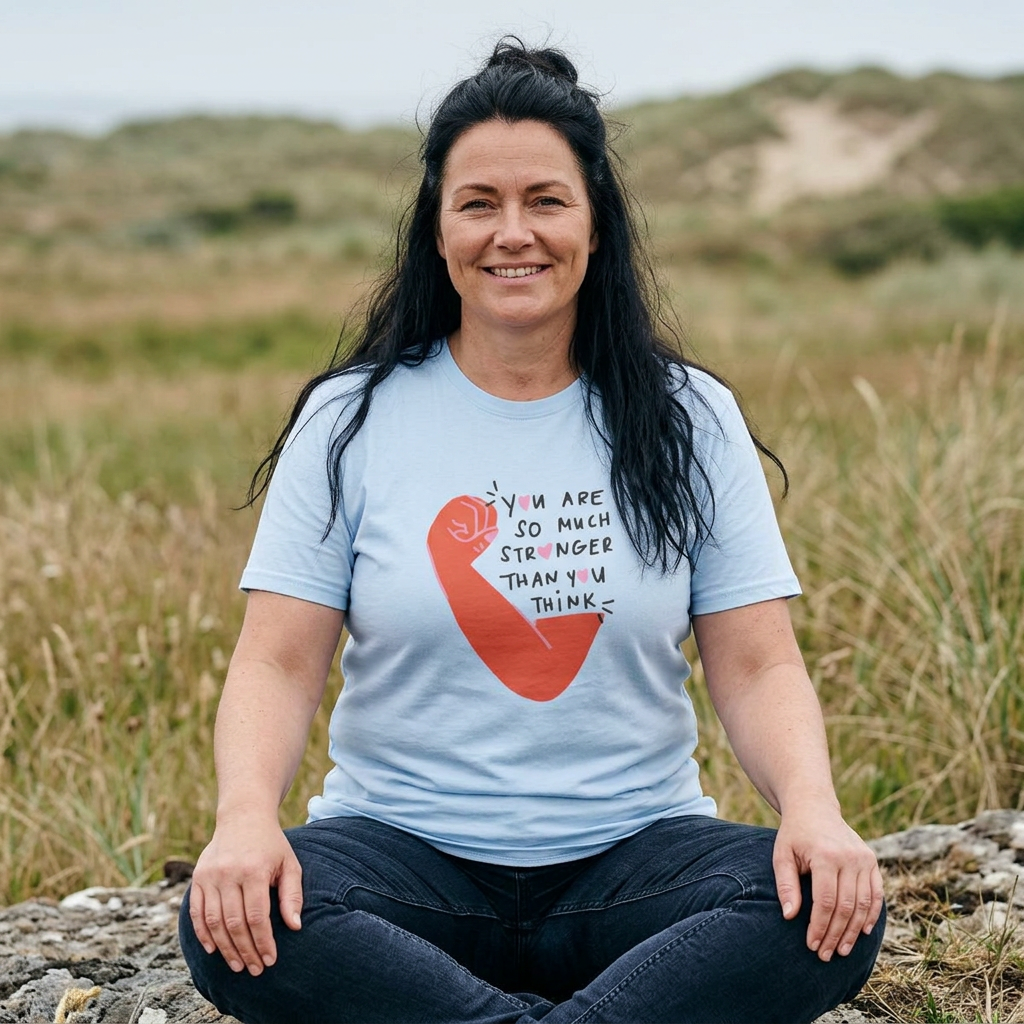 Woman sitting outdoors wearing a t-shirt with a motivational message