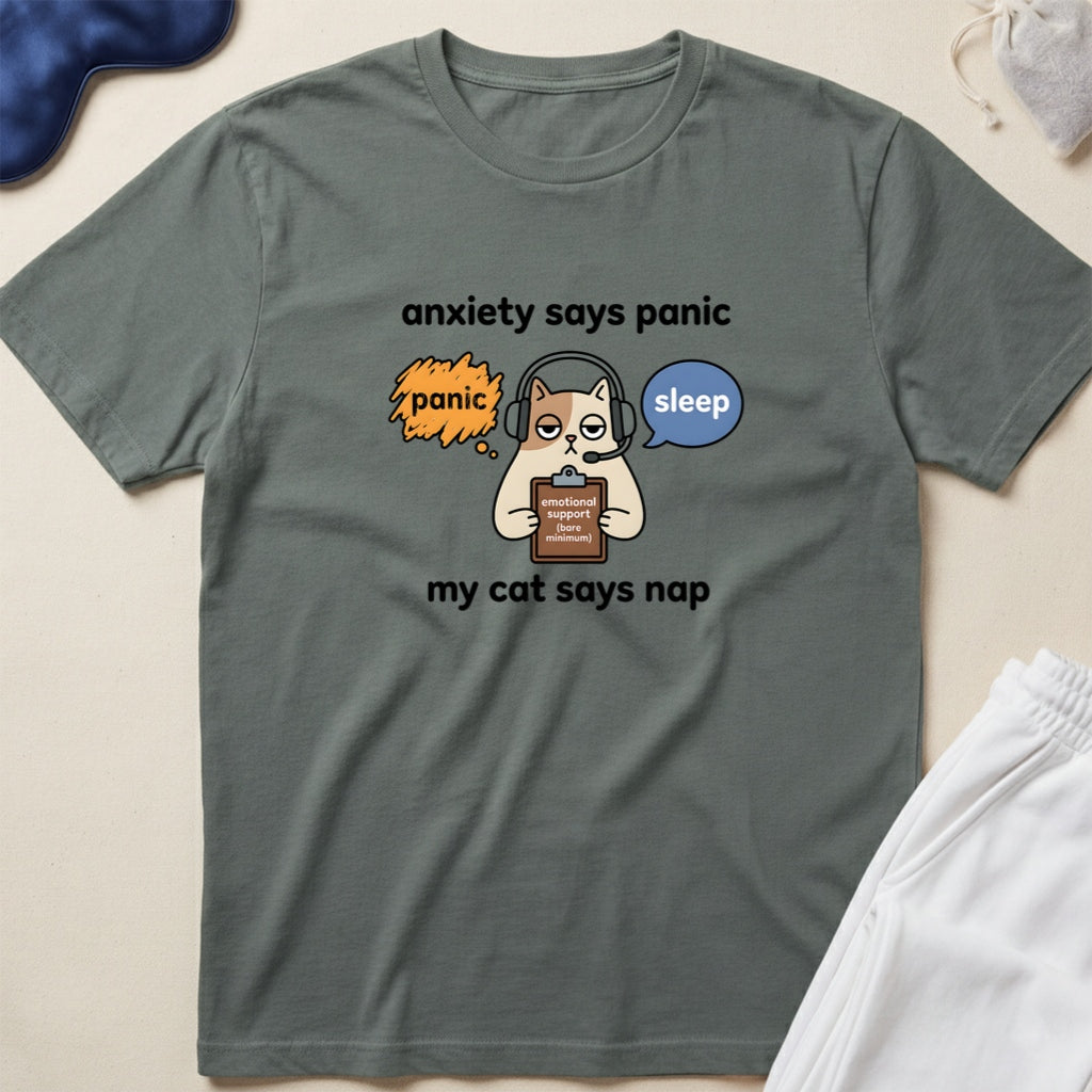 Anxiety Says Panic, My Cat Says Nap Funny Cat Lover T‑Shirt