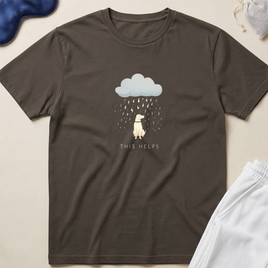 Sad Dog Under Raincloud "This Helps" T-Shirt