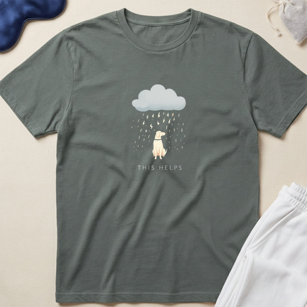 Sad Dog Under Raincloud "This Helps" T-Shirt